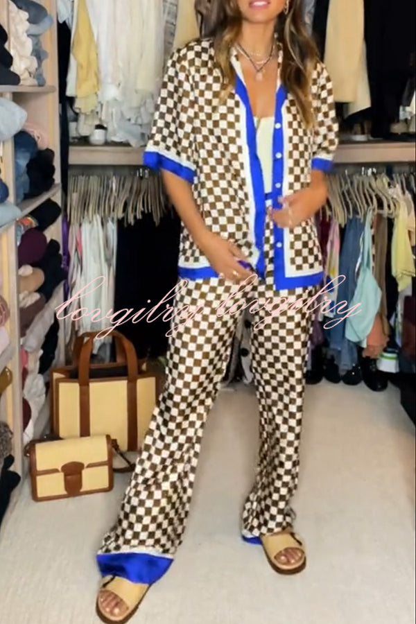 Olivia Satin Checkerboard Colorblock Print Shirt and Elastic Waist Pocketed Loose Pants Set