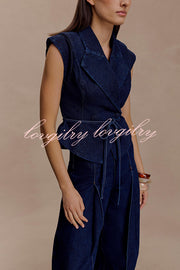 Charley Denim Button Up Cap Short Sleeve Structured Tie-up Lapel Top