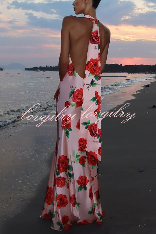 Rose Print Sexy Halter Neck Strappy Backless Slim Fit Maxi Dress