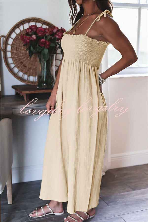 Elegant Solid Color High Waist Linen Blend Suspender Pleated Jumpsuit