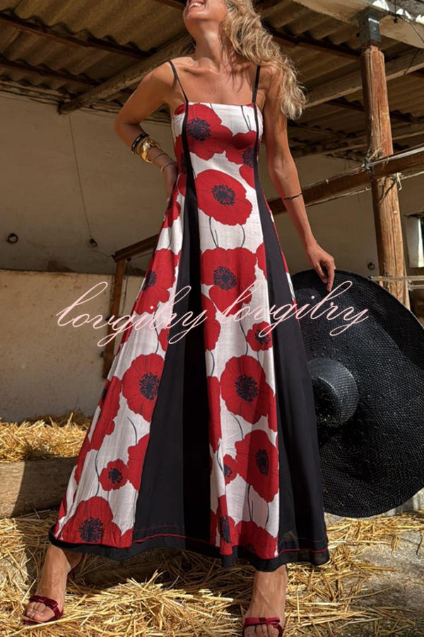 Floral Print Suspenders Paneled Back Pleated Maxi Dress