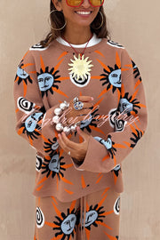 Mediterranean Art Knit Unique Sun Vortex Print Long Sleeve Relaxed Sweater