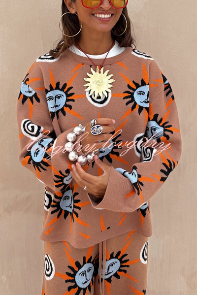 Mediterranean Art Knit Unique Sun Vortex Print Long Sleeve Relaxed Sweater