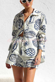 Parkside Pretty Tropical Fruit Print Loose Shirt and Elastic Waist Pocketed Shorts Set