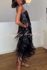 Chic Celebration Layered Sequined Tassels Slip Strapless H-line Midi Dress