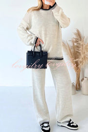 Life Memories Knit Contrast Stitch Trim Pullover Sweater and Stretch Loose Pants Set