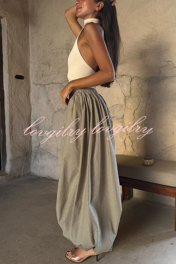 Fashion Plaid Print Elastic Waist Pocket Loose Wide-leg Pants