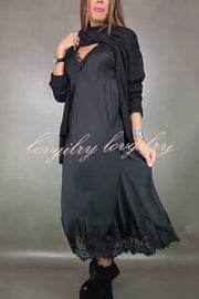 Fashionable V-neck Suspender Lace Splicing Casual Midi Dress
