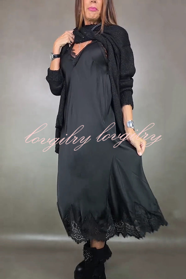 Fashionable V-neck Suspender Lace Splicing Casual Midi Dress