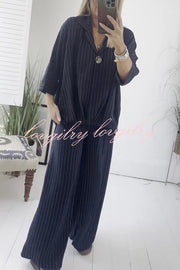 Fashion Striped Print Lapel Loose Top and Elastic Waist Casual Wide-leg Pants Set