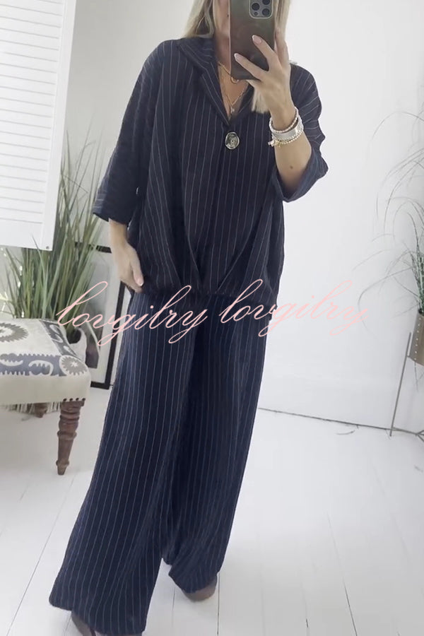 Fashion Striped Print Lapel Loose Top and Elastic Waist Casual Wide-leg Pants Set