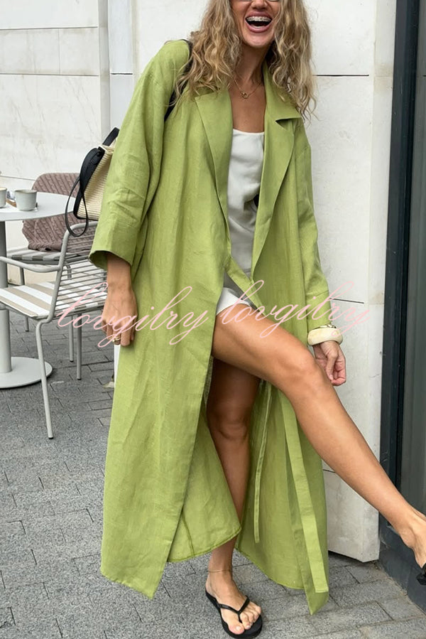 Linen Blend Solid Color Casual Lapel Tie Loose Maxi Dress