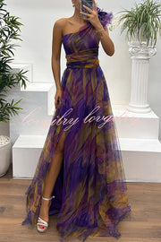 Charming Embrace Tulle Floral Pleated One Shoulder Slit Maxi Dress
