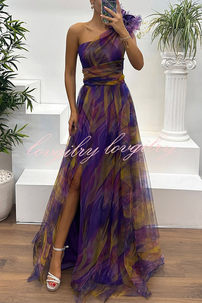 Charming Embrace Tulle Floral Pleated One Shoulder Slit Maxi Dress