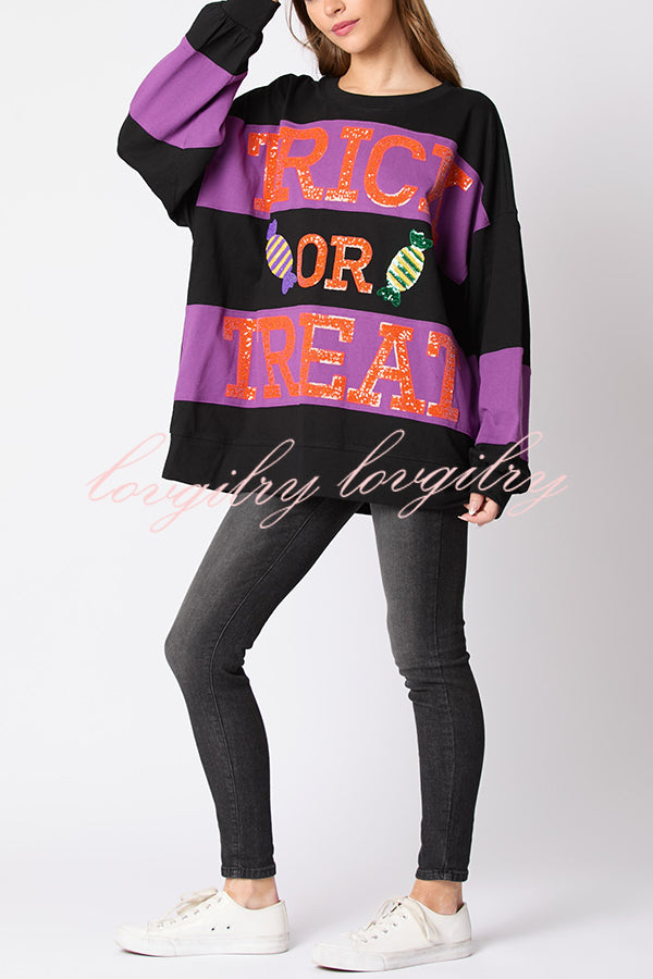 Halloween Letter Sequined Color Block Loose Casual Sweatshirt