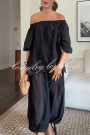 Comfortable Area Chiffon Off Shoulder Balloon Sleeve Top and Elastic Waist Knotted Bloomer Set