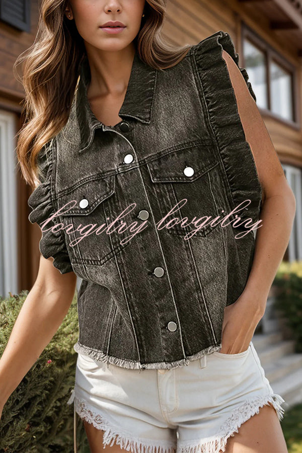 Stylish Lapel Single-breasted Ruffle Sleeve Loose Denim Jacket