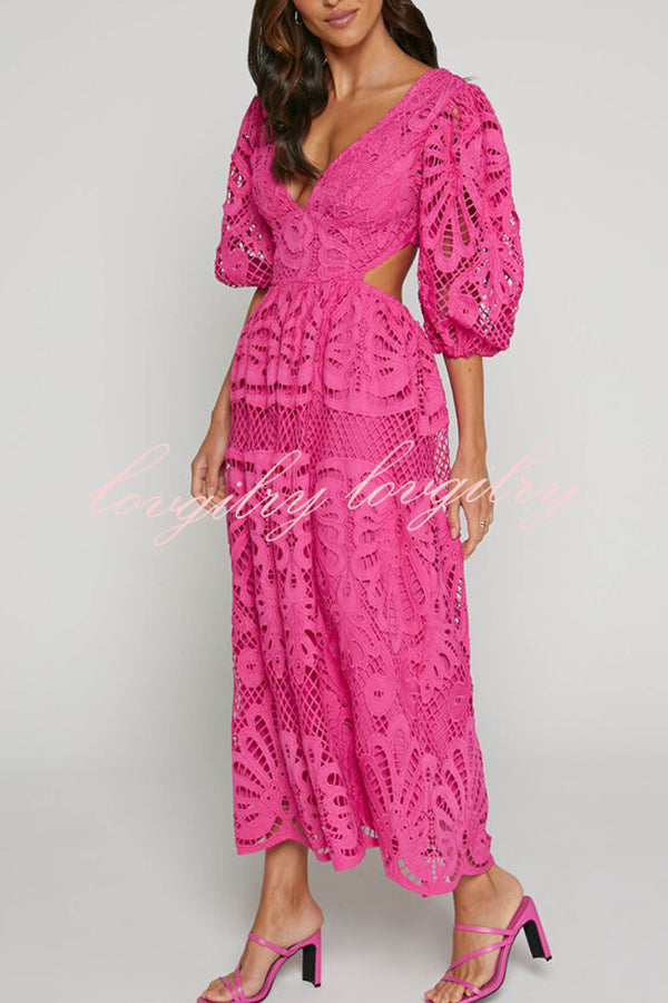 Solid Color V neck Hollow Lace Waistless Sexy Maxi Dress