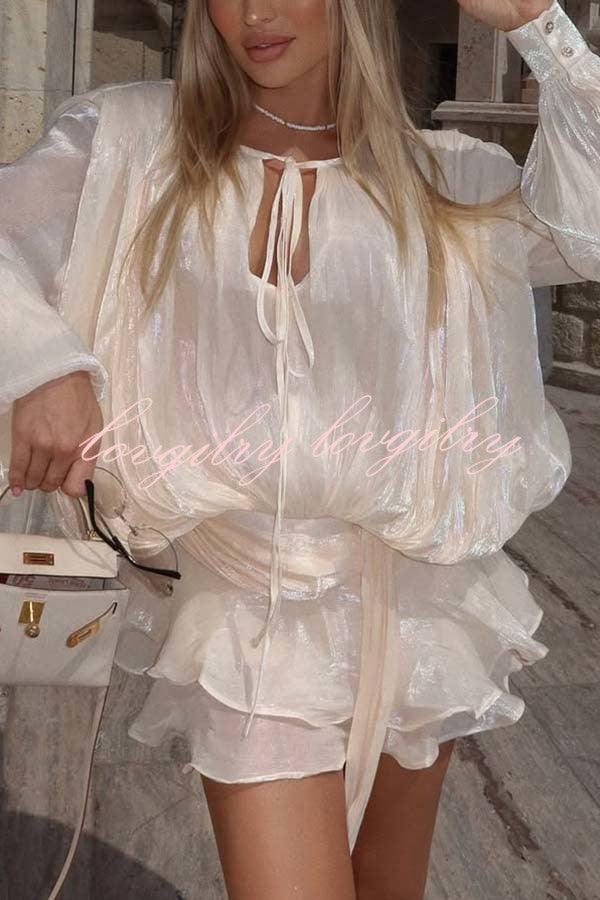 Ninah Glitter Fabric Pleated Balloon Sleeve Tiered Ruffle Hem Mini Dress