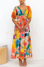 Floral Frenzy Printed Puff Sleeve Back Smocked Maxi Dress