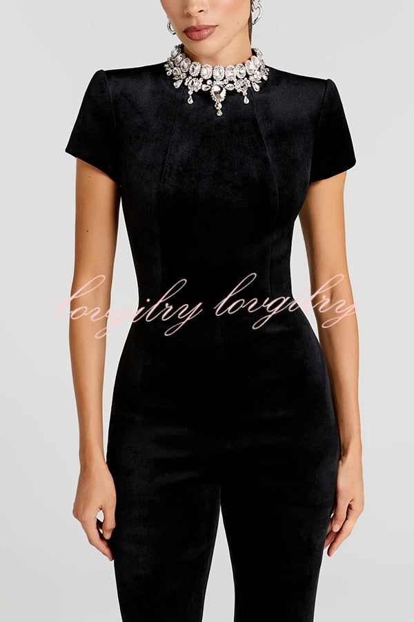 Lucia Luxurious Velvet Jewel-encrusted Turtleneck Short Sleeve Flare Stretch Jumpsuit