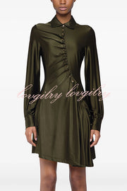 Marvis Button-embellished Long Sleeve Asymmetrical Drape Shirt Midi Dress