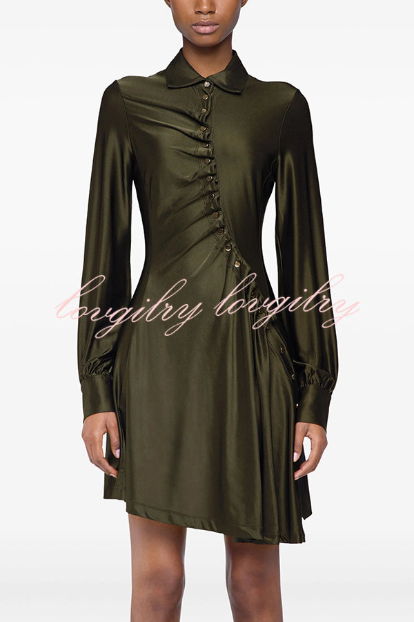 Marvis Button-embellished Long Sleeve Asymmetrical Drape Shirt Midi Dress