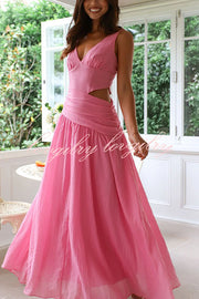 Solid Color V-neck Waist Hollow Slim Maxi Dress