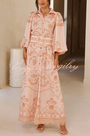 Linen Blend Lapel Puff Sleeve Casual Waist Belted Maxi Dress