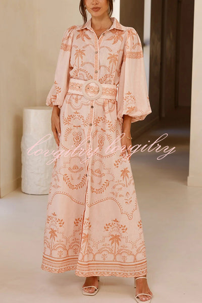 Linen Blend Lapel Puff Sleeve Casual Waist Belted Maxi Dress