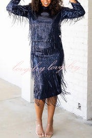 Insight Blueberry Sequin Fringe High Rise Elastic Waistband Midi Skirt