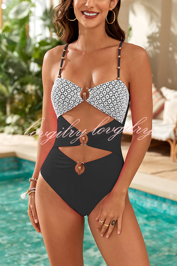 Fashionable Splicing Spaghetti Strap Metal Buckle One-piece Bikini Swimsuit