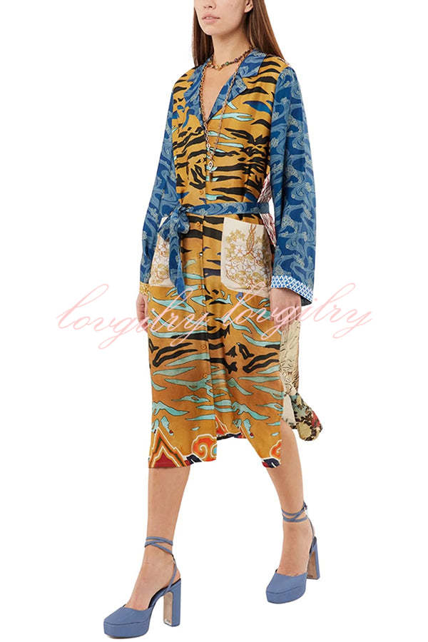 Tropical Jungle Tiger Unique Print  Long Sleeve Belt Pocketed Kimono Coat