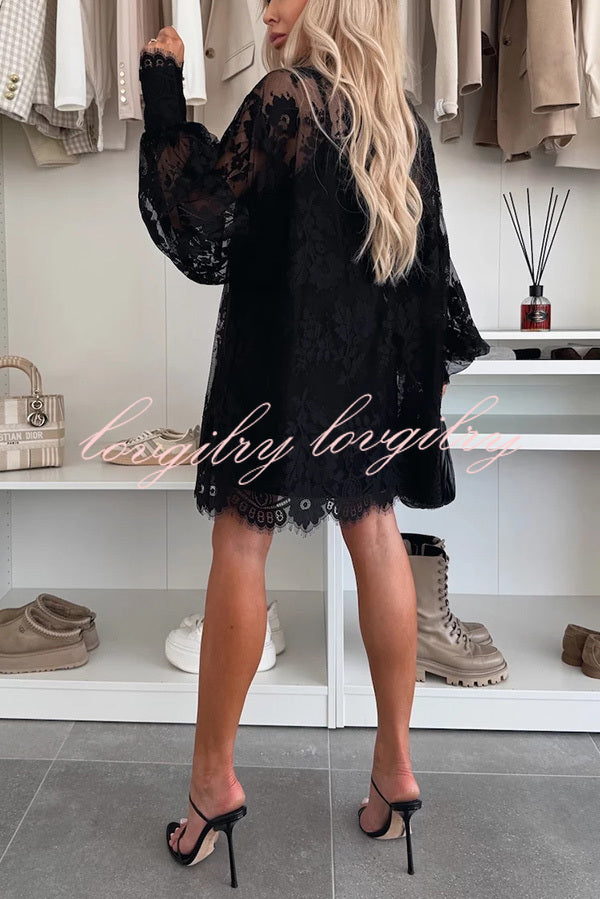 Night Rose Lace Bow Neck Long Balloon Sleeve A-line Mini Dress