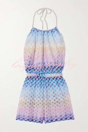 Wave Waves Knit Colorful Zigzag Pattern Halter Neck Backless Loose Romper