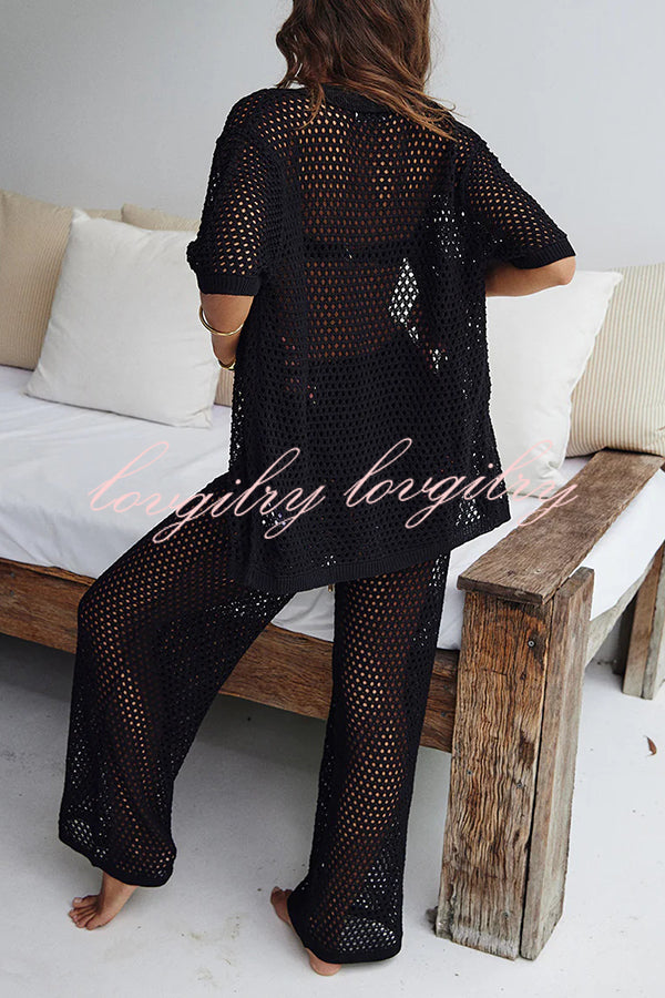 Fashion Hollow Loose Short-sleeved Top and Elastic Waist Casual Wide-leg Pants Set