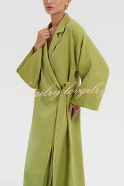 Linen Blend Solid Color Casual Lapel Tie Loose Maxi Dress