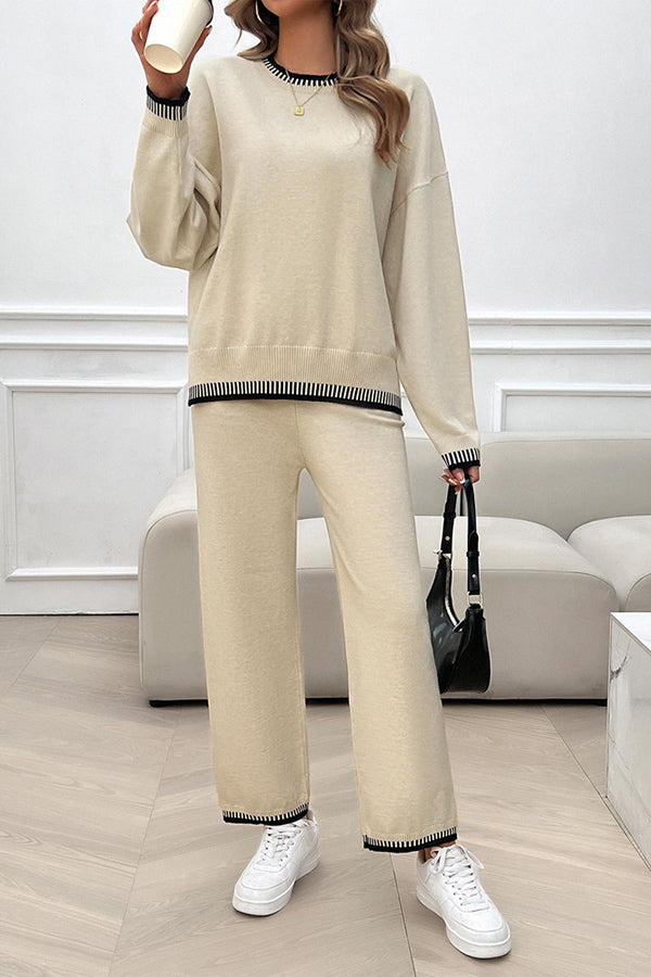 Home Casual Contrasting Color Knitted Sweater and Elastic Waist Loose Pants Set