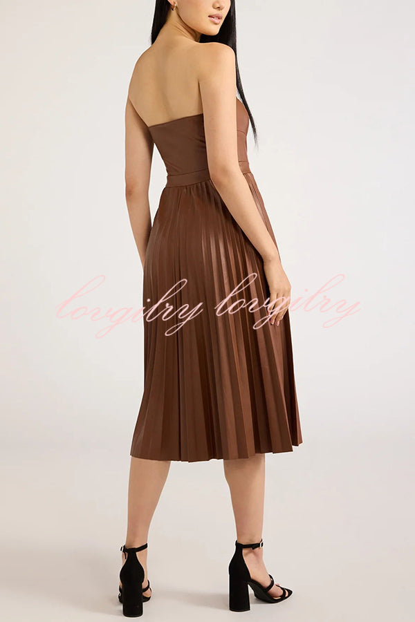 My Juliet Faux Leather Off Shoulder Strapless Pleated Stretch Midi Dress