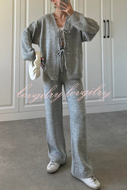 Solid Color V-neck Tie Long-sleeved Loose Knit Cardigan and Elastic Waist Casual Straight Leg Pants Set
