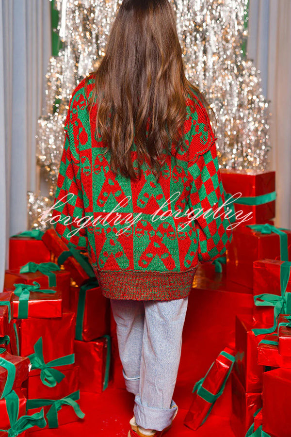 Christmas Candy Plaid Round Neck Long Sleeve Loose Knit Sweater