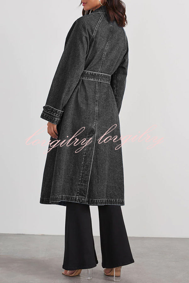 Solid Color Denim Double Pocket Button Down Midi Trench Coat