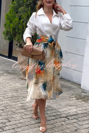 Jiles Linen Blend Unique Contrast Print Long Sleeve Tie-up Pocket Shirt Midi Dress