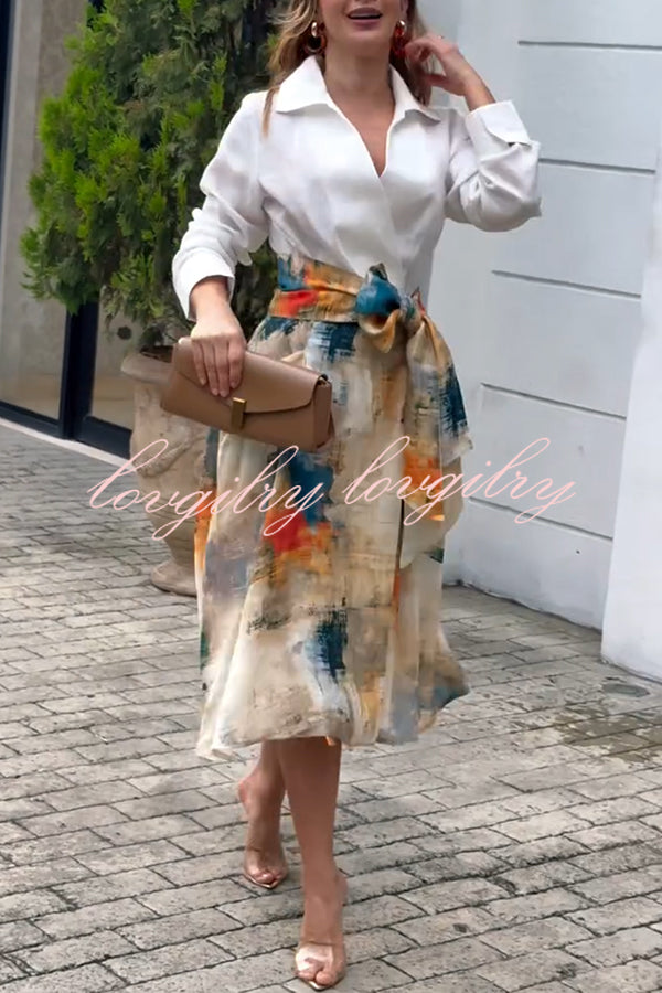 Jiles Linen Blend Unique Contrast Print Long Sleeve Tie-up Pocket Shirt Midi Dress