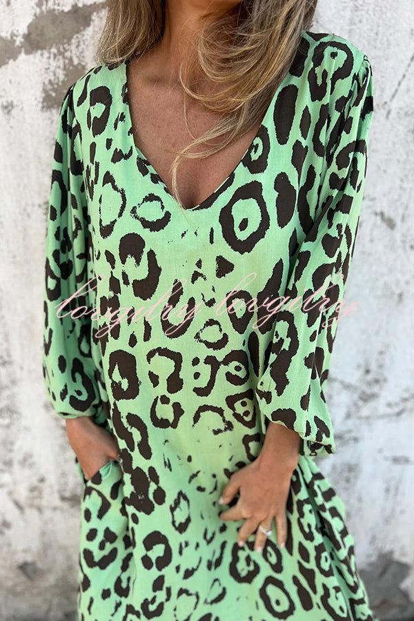 Leopard Print Loose V-neck Pocket Holiday Style Maxi Dress