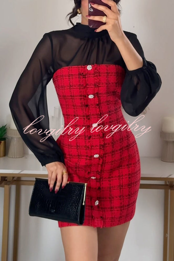 Festive Elegance Tulle Plaid Tweed Patchwork Balloon Sleeve Mini Dress