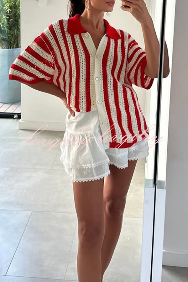 Fashionable Red and White Contrast Lapel Short-sleeved Knitted Top