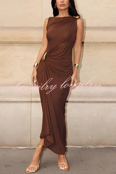 Fashionable Metallic Embellishments Pleated Sleeveless Slim-fit Maxi Dress