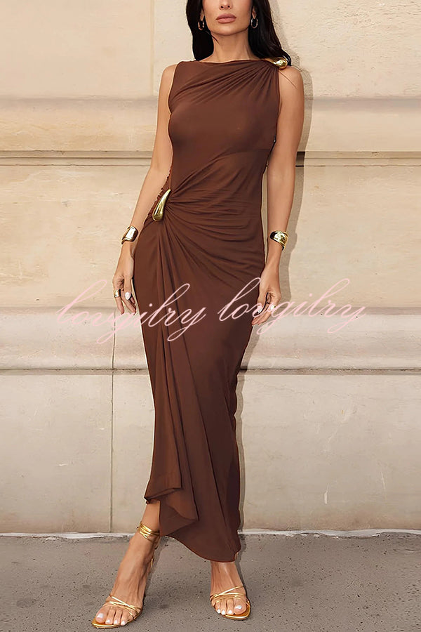 Fashionable Metallic Embellishments Pleated Sleeveless Slim-fit Maxi Dress