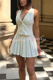 Sexy V-neck Sleeveless Vest and Pleated Mini Skirt Set